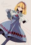  aioi_aoi alice_margatroid ascot black_gloves blonde_hair blue_dress capelet dress gloves hairband lolita_hairband long_sleeves looking_at_viewer pantyhose puppet_strings smile solo touhou 