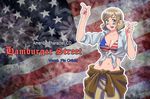  america_(hetalia) artist_name axis_powers_hetalia blonde_hair blue_eyes blush_stickers breasts character_name cleavage copyright_name flag_background genderswap looking_at_viewer official_style open_mouth oradd short_hair smile solo_focus upper_body 