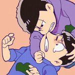  biting brothers chikuwa_(chikumatsusan) fighting hood hoodie male_focus matsu_symbol matsuno_ichimatsu matsuno_karamatsu messy_hair multiple_boys one_eye_closed osomatsu-kun osomatsu-san pink_background restrained siblings simple_background sleeves_rolled_up tearing_up upper_body 