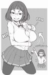  breast_expansion breasts bursting_breasts button_gap cleavage flask gigantic_breasts glasses greyscale grin ina_(gokihoihoi) monochrome pantyhose popped_button short_hair sketch smile 