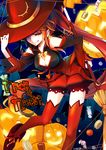  :q boots broom candy cleavage_cutout cookie detached_sleeves elsword fence food fruit gem halloween halloween_costume hand_on_headwear hat highres holding holding_broom ignia_(elsword) jack-o'-lantern kuroshio_maki lamp leaning_forward long_hair looking_at_viewer one_eye_covered orange_eyes orange_hair ponytail red_eyes red_hair red_ribbon ribbon solo sweets text_focus thighhighs tongue tongue_out trick_or_treat very_long_hair witch_hat 
