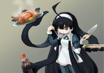  ahoge apron black_eyes black_hair bottle chicken_(food) cooking cutting_board food hair_over_one_eye hairband hatsukane_tsukasa knife ladle long_hair lucu_lucu lucuha prehensile_hair sidelocks solo soy_sauce spring_onion tasting thighhighs very_long_hair 