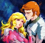  1girl blonde_hair bodysuit captain_future curtis_newton hetero joan_randall kemi_(kemi433) long_hair orange_hair pink_bodysuit red_eyes short_hair 