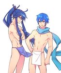  blue_eyes blue_hair crossed_arms ecchuu_fundoshi fundoshi japanese_clothes kaito kamui_gakupo loincloth long_hair male_focus multiple_boys pelvic_curtain ponytail purple_eyes purple_hair scarf smile vocaloid wanko_(takohati8) 