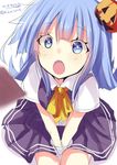  :o blue_eyes blue_hair candy_bar check_commentary chocolate chocolate_bar commentary_request food_themed_hair_ornament from_above gloves hair_ornament halloween hatsukaze_(kantai_collection) highres hizaka kantai_collection long_hair looking_at_viewer looking_up open_mouth pumpkin pumpkin_hair_ornament school_uniform simple_background sitting skirt solo twitter_username v_arms white_background white_gloves 