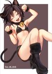  animal_ears antenna_hair armpits bell black_hair cat_ears cat_tail closed_eyes idolmaster idolmaster_(classic) jpeg_artifacts kikuchi_makoto midriff nekopuchi open_mouth short_hair smile solo tail 