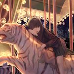  brown_eyes brown_hair carousel highres long_hair looking_at_viewer lying on_stomach original solo zipperradio 