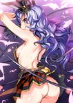  ajishio animal_ears arched_back arms_up ass back backless_outfit bare_arms bare_back bare_shoulders black_gloves breasts bunny_ears erune ferry_(granblue_fantasy) from_behind gloves granblue_fantasy halloween hat lavender_hair long_hair looking_at_viewer looking_back mini_hat mini_top_hat nipples no_panties purple_hair skirt small_breasts solo top_hat upskirt very_long_hair wavy_hair yellow_eyes 