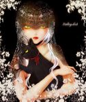  animal black_background black_cat cat holding holding_animal holding_cat kusunoki_shii lace long_hair looking_at_viewer original red_lips serious solo veil white_hair yellow_eyes 