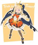  ;) asymmetrical_legwear black_legwear blonde_hair blush_stickers bow cagliostro_(granblue_fantasy) granblue_fantasy hairband halloween heart hood jack-o'-lantern long_hair one_eye_closed orange_bow orange_skirt outline pumpkin purple_eyes simple_background skirt smile solo squemezzo standing star striped striped_legwear thighhighs tongue tongue_out trick_or_treat white_background 