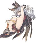  animal_ears arm_up armpits ass back blade_(galaxist) blue_hair blush breasts brown_eyes bunny_ears cape erune ferry_(granblue_fantasy) fetal_position from_behind full_body gloves granblue_fantasy jpeg_artifacts long_hair looking_at_viewer looking_back no_bra no_panties open_mouth plantar_flexion sideboob simple_background skirt small_breasts solo white_background 
