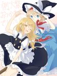  alice_margatroid apron ascot blonde_hair blue_eyes blush broom broom_riding capelet couple hairband hat hat_removed headwear_removed highres kirisame_marisa mary_janes multiple_girls one_eye_closed open_mouth sash shoes touhou tsuno_no_hito waist_apron witch_hat yellow_eyes yuri 