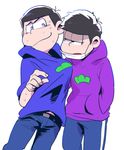  black_hair brothers hood hoodie jitome kiri_(kirishima) male_focus matsu_symbol matsuno_ichimatsu matsuno_karamatsu messy_hair multiple_boys osomatsu-kun osomatsu-san shaded_face shirt_grab siblings single_vertical_stripe smile surgical_mask sweat 