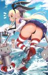  ass black_panties blonde_hair brown_hair cameltoe dress elbow_gloves gloves hairband highres kantai_collection lifebuoy long_hair magister_(medical_whiskey) microskirt multiple_girls panties pleated_skirt rensouhou-chan sailor_dress shimakaze_(kantai_collection) short_hair skirt solo_focus striped striped_legwear thighhighs thong underwear white_gloves yellow_eyes yukikaze_(kantai_collection) 