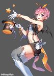  :d bare_arms bare_shoulders bat_wings black_background black_shorts bow bowtie breasts crude_stitches fang gloves hair_ornament hairband hairclip halley hat interitio looking_at_viewer medium_breasts midriff navel open_mouth original outstretched_arm pink_hair purple_eyes short_hair shorts sid_story sideboob simple_background sleeveless smile solo star stitches thighhighs top_hat white_gloves wings 
