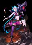  blue_hair braid bullet cannon commentary english_commentary fingerless_gloves flat_chest gloves highres jewelry jinx_(league_of_legends) league_of_legends long_hair looking_at_viewer navel necklace patipat_asavasena pink_eyes single_thighhigh smile solo tattoo thigh_strap thighhighs twin_braids very_long_hair weapon 
