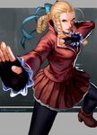  antenna_hair blonde_hair commentary fighting_stance fingerless_gloves gloves hair_pulled_back kanzuki_karin long_hair pantyhose rejean_dubois ringlets school_uniform solo street_fighter street_fighter_v 