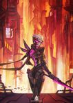  absurdres alternate_costume alternate_hair_color alternate_hairstyle ass cityscape cyberpunk cyborg fiora_laurent from_behind highres holding holding_weapon league_of_legends lips looking_at_viewer mecha_musume monori_rogue project:_fiora solo standing sword urban weapon white_hair 