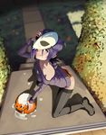  :q ahoge arched_back ass bare_shoulders black_legwear blue_eyes blush boots borrowed_character bucket commentary cum cum_bucket cum_on_clothes cum_on_mask cum_pool halloween highres jack-o'-lantern kneeling long_hair looking_at_viewer looking_up mask original panties polyle purple_hair shadow smile solo striped striped_panties sweater tongue tongue_out underwear zone-tan 
