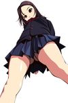  arms_behind_back ass_visible_through_thighs blush brown_eyes brown_hair cardigan from_below highres long_hair looking_at_viewer looking_down matsunaga_kouyou original school_uniform simple_background skirt solo standing thighs upskirt white_background 
