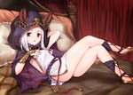  animal_ears bare_legs cape cat_ears dress ears_through_headwear gauntlets granblue_fantasy hood looking_at_viewer lying marugoshi_(54burger) on_bed pillow red_eyes scathacha_(granblue_fantasy) side_slit silver_hair solo white_dress 