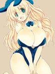  :d animal_ears aqua_eyes atago_(kantai_collection) bare_shoulders barefoot beige_background beret between_thighs blonde_hair blue_bow blue_hat blush bow bowtie breasts bunny_ears bunnysuit cleavage fake_animal_ears hat head_tilt huge_breasts kantai_collection leotard long_hair looking_at_viewer open_mouth sakaki_(noi-gren) simple_background smile solo very_long_hair 