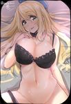  atago_(kantai_collection) blonde_hair bottomless bra breasts green_eyes hat isshiki_(ffmania7) kantai_collection large_breasts long_hair lying smile solo tongue underwear 