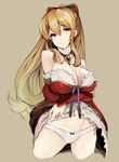  beige_background blonde_hair blush breasts cleavage cropped_legs detached_collar dress granblue_fantasy iwasaki_takashi large_breasts long_hair navel panties pink_eyes simple_background smile solo underwear vira_lilie white_panties 