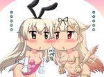  2girls animal_ears ass bare_shoulders bikini blonde_hair brown_eyes brown_gloves brown_legwear bunny_ears bunny_tail bunnysuit cheek-to-cheek dog_ears dog_tail elbow_gloves gloves gradient_hair hair_ornament hair_ribbon hairclip hase_yu kantai_collection long_hair micro_bikini multicolored_hair multiple_girls paw_gloves paws pink_hair red_eyes remodel_(kantai_collection) ribbon shimakaze_(kantai_collection) sidelocks swimsuit tail thighhighs translated triangle_mouth white_gloves white_legwear yuudachi_(kantai_collection) 