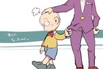  amazou bald bow bowtie character_name chibita facial_mark formal hand_on_another's_head head_out_of_frame height_difference iyami male_focus multiple_boys osomatsu-kun osomatsu-san popped_collar protected_link purple_suit shorts suit 