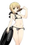  artoria_pendragon_(all) ass_visible_through_thighs bare_shoulders bikini black_bikini blonde_hair bow breasts eating fate/stay_night fate_(series) food hair_bow innertube namonashi navel open_mouth popsicle saber_alter shiny shiny_clothes shiny_hair short_hair side-tie_bikini simple_background small_breasts solo swimsuit white_background yellow_eyes 