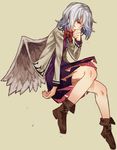 boots bow bowtie dress full_body green_background hand_to_own_mouth kishin_sagume long_sleeves looking_at_viewer profile purple_dress short_hair silver_hair simple_background single_wing solo touhou urin vest wings 