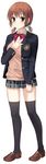  absurdres black_legwear blazer brown_eyes brown_hair full_body hair_bobbles hair_ornament hand_on_own_chest highres jacket kissbell kojima_saya loafers long_sleeves official_art open_blazer open_clothes open_jacket pig_tail plaid plaid_skirt pleated_skirt shibuya_mitsuba shoes short_hair simple_background skirt smile solo tail twintails 