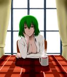  arm_rest backlighting breasts chair cleavage coffee coffee_mug collarbone collared_shirt cup curtains green_hair hand_on_own_cheek highres kazami_yuuka large_breasts looking_at_viewer morning mug no_bra open_clothes open_shirt plaid pov red_eyes shadow shirt short_hair sitting smile solo steam sunlight table tablecloth touhou upper_body white_shirt window yashi_zaki 