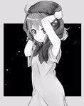  alternate_costume armpits arms_up commentary drying drying_hair greyscale kantai_collection looking_at_viewer monochrome open_mouth sazanami_(kantai_collection) soborou solo towel 