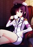  absurdres armband armchair black_eyes black_hair blazer blush chair chitosezaka_suzu crossed_legs cup epaulettes gochuumon_wa_usagi_desu_ka? hat highres holding holding_cup jacket long_hair long_sleeves medal military military_uniform necktie one_eye_closed open_mouth peaked_cap pencil_skirt shirt sitting skirt solo teacup tedeza_rize twintails uniform very_long_hair wing_collar 