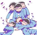  black_hair bowl_cut brothers indian_style lying male_focus matsuno_choromatsu matsuno_ichimatsu matsuno_juushimatsu matsuno_karamatsu matsuno_osomatsu matsuno_todomatsu messy_hair multiple_boys on_back on_stomach osomatsu-kun osomatsu-san pajamas sandato sextuplets siblings simple_background sitting sleeping sleeping_on_person white_background 