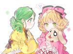  :3 bad_id bad_pixiv_id bangs black_bow blonde_hair bow crying doll_joints dress drill_hair frills green_eyes green_hair hair_bow hair_ornament hina_ichigo holding holding_stuffed_animal kanaria lace lace-trimmed_ribbon long_hair looking_at_another multiple_girls pink_bow piyo_(ppotatto) ribbon rozen_maiden short_hair sitting speech_bubble stuffed_animal stuffed_bunny stuffed_toy tears white_background white_legwear yellow_dress 