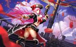  aircraft airship bow bow_(weapon) breasts bustier captain_liliana commentary_request crossbow frills hat huge_breasts jolly_roger liang_xing long_hair looking_at_viewer miniskirt pink_eyes pink_hair pirate pirate_hat pleated_skirt queen's_blade queen's_blade_rebellion ribbon skirt solo underwear very_long_hair weapon 