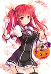  black_legwear blush breasts candy choker food garter_straps hair_ribbon halloween highres jack-o'-lantern ko~cha long_hair looking_at_viewer medium_breasts pumpkin rakudai_kishi_no_cavalry red_eyes red_hair ribbon smile solo stella_vermillion thighhighs two_side_up unmoving_pattern zettai_ryouiki 