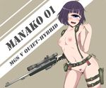  absurdres blue_eyes blush breasts character_name copyright_name cosplay cowboy_shot cyclops gun highres holding holding_weapon holster jay87k manako metal_gear_(series) metal_gear_solid_v monster_musume_no_iru_nichijou navel nipples nude one-eyed open_mouth pubic_hair purple_hair pussy quiet_(metal_gear) quiet_(metal_gear)_(cosplay) rifle signature small_breasts sniper_rifle solo suspenders thigh_holster weapon 