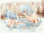  bath bathtub blue_eyes blue_hair closed_eyes kousetsu_samonji male_focus multiple_boys open_mouth partially_submerged robinson sayo_samonji smile touken_ranbu towel_bubble water 