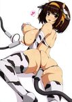  absurdres animal_costume ass bell blush breasts breasts_outside brown_eyes brown_hair cow_bell cow_costume gloves haruhisky highres large_breasts milking_machine nipples no_panties non-web_source open_mouth pussy ribbon scan short_hair smile solo suzumiya_haruhi suzumiya_haruhi_no_yuuutsu tail thighhighs 