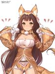  animal_costume animal_ears arms_up artist_name blush breasts brown_hair cleavage cowboy_shot fox_costume fox_ears fox_tail fur_collar highres jacket large_breasts long_hair looking_at_viewer pippin_(sennen_sensou_aigis) sennen_sensou_aigis smile solo strapless tail tubetop underboob very_long_hair white_background wide_sleeves yaman yellow_eyes 