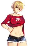  ahoge anger_vein belt blonde_hair breasts choker collarbone commentary_request crop_top green_eyes hand_on_hip head_tilt large_breasts looking_at_viewer midriff mito_ikumi navel shokugeki_no_souma short_hair short_shorts shorts solo stomach taira_kosaka translated white_background 
