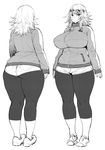  ass breasts curvy denim denim_shorts full_body greyscale highres huge_breasts kneepits leggings legs long_hair looking_at_viewer monochrome plump shoes short_shorts shorts simple_background sneakers solo synecdoche thick_thighs thighs white_background 