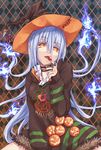  blue_fire choker fiery_hair finger_in_mouth fire halloween hat hood hoodie jack-o'-lantern jewelry long_hair long_sleeves looking_at_viewer mumulatte original pointy_ears ring solo very_long_hair witch_hat yellow_eyes 