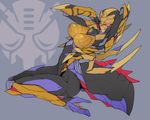  ban beast_wars blackarachnia breasts grey_background grin hand_behind_head high_heels insect_girl insignia large_breasts mecha no_humans predacon red_eyes robot seiza sitting smile solo spider_girl spider_legs spikes transformers 