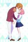  1girl ayase_naru brown_hair closed_eyes couple forehead_kiss hayami_hiro height_difference hetero kiss pink_hair pretty_(series) pretty_rhythm pretty_rhythm_rainbow_live ruka192 school_uniform short_hair smile 