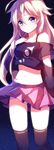  ahoge ass_visible_through_thighs bad_id bad_pixiv_id black_legwear blue_eyes braid choker crop_top crop_top_overhang hand_on_own_chest ia_(vocaloid) long_hair looking_at_viewer midriff navel off_shoulder pleated_skirt see-through skirt solo stellarism thighhighs very_long_hair vocaloid white_hair 